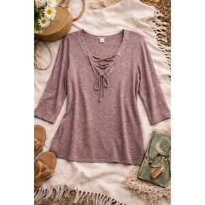 Lace Up Boho Top 2X Pink Knit Stretch Comfy Cute Flowy Festival Vibe LNC